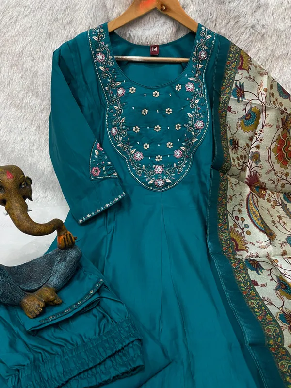 Blue_Marina_Silk_Embroidery_Kurti_With_Pant_And_Dupatta_For_Women