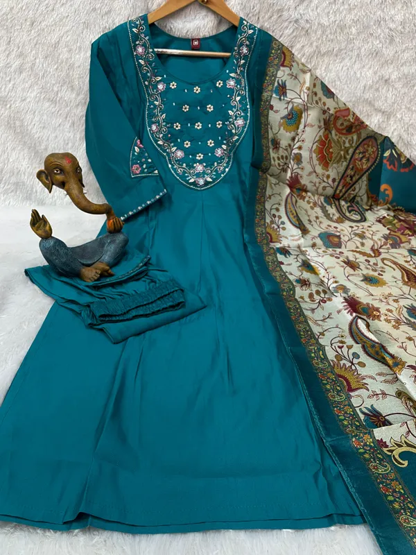 Blue_Marina_Silk_Embroidery_Kurti_With_Pant_And_Dupatta_For_Women