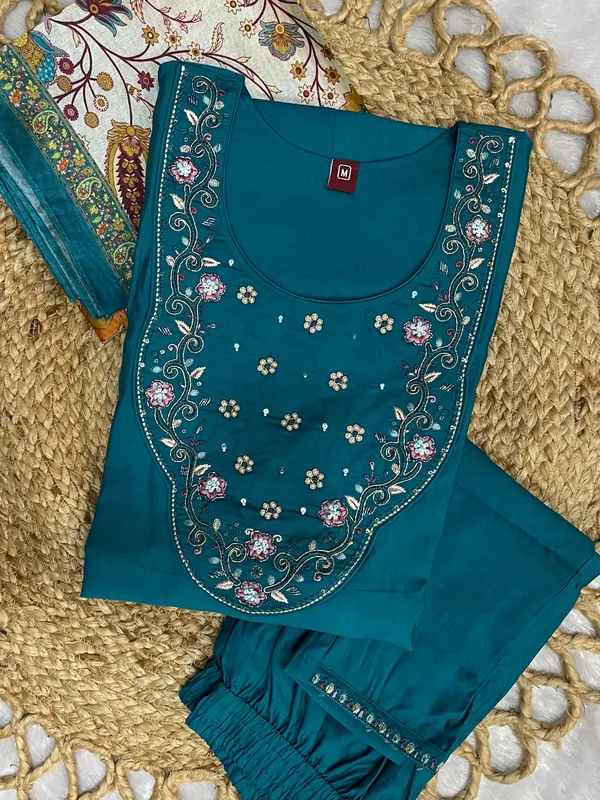 Blue_Marina_Silk_Embroidery_Kurti_With_Pant_And_Dupatta_For_Women