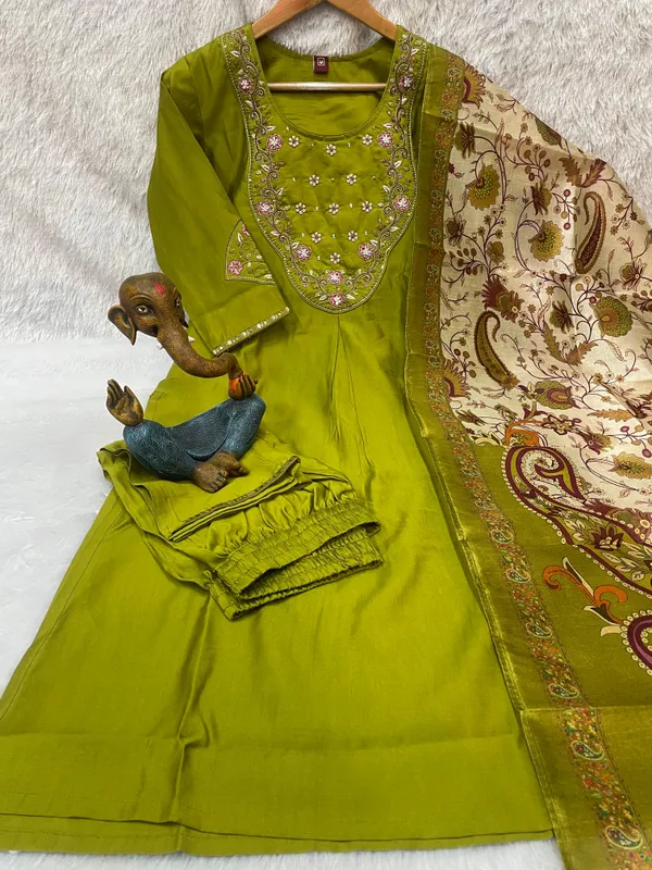 Green_Marina_Silk_Embroidered_Kurti_With_Pant_And_Dupatta_For_Women