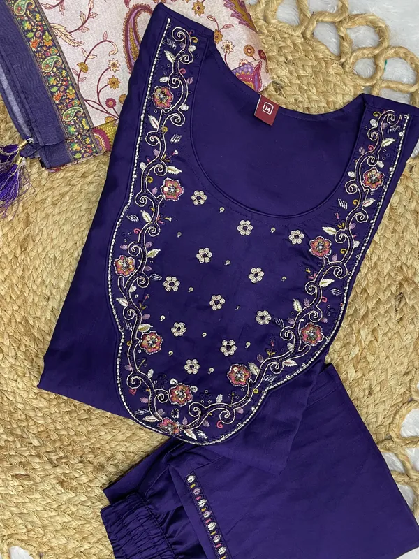 Navy_Blue_Marina_Silk_Embroidery_Kurti_With_Pant_And_Dupatta_For_Women