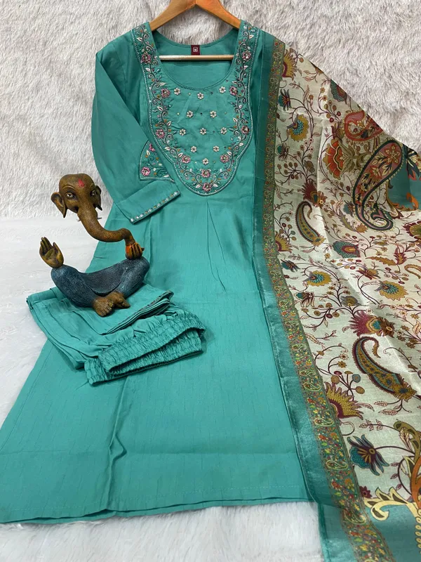 Blue_Marina_Silk_Embroidered_Kurti_With_Pant_And_Dupatta_For_Women