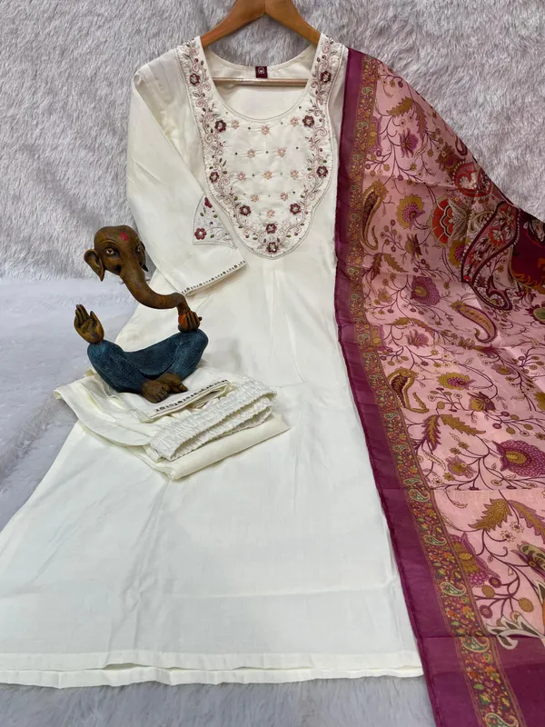White_Marina_Silk_Embroidered_Kurti_With_Pant_And_Dupatta_For_Women