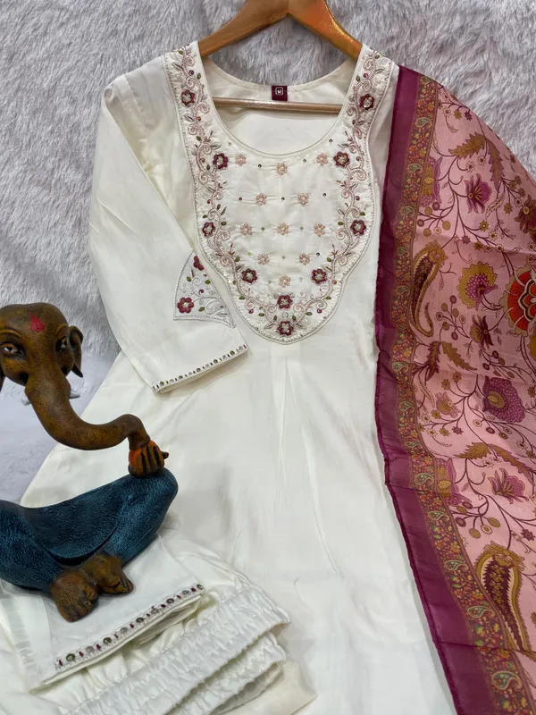 White_Marina_Silk_Embroidered_Kurti_With_Pant_And_Dupatta_For_Women