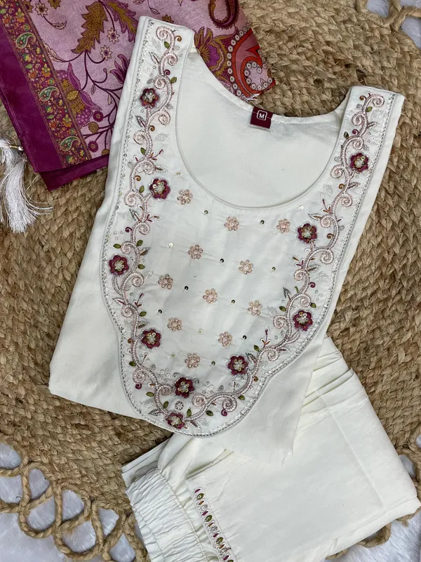 White_Marina_Silk_Embroidered_Kurti_With_Pant_And_Dupatta_For_Women