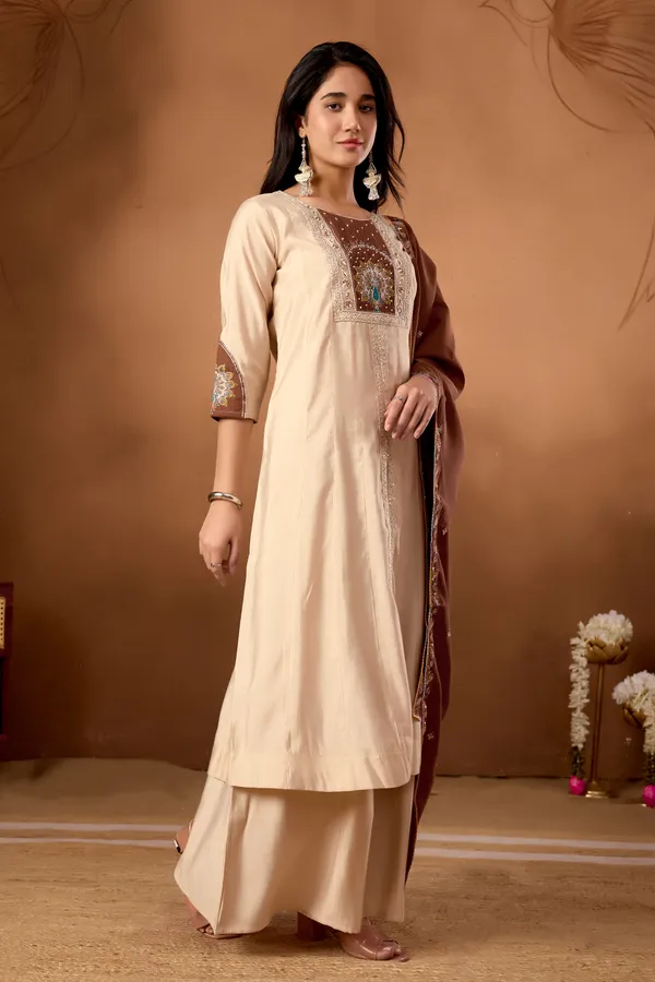 Cream_Roman_Silk_Embroidery_Anarkali_Kurti_With_Palazzo_And_Dupatta_For_Women