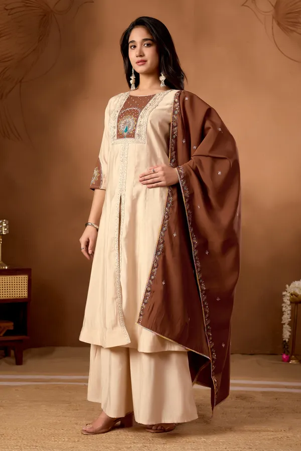 Cream_Roman_Silk_Embroidery_Anarkali_Kurti_With_Palazzo_And_Dupatta_For_Women