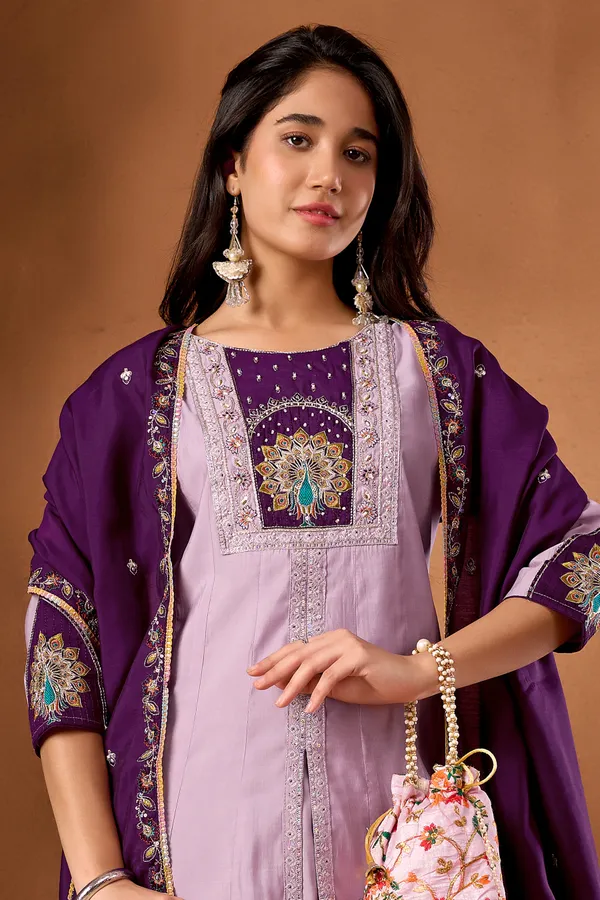 Light_Lavender_Roman_Silk_Anarkali_Kurti_With_Palazzo_Dupatta_For_Women