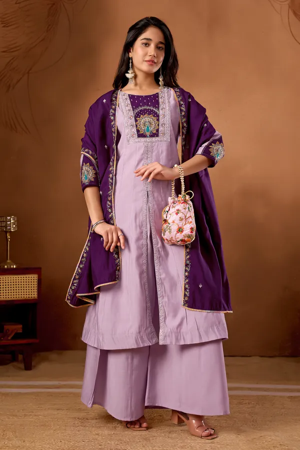 Light_Lavender_Roman_Silk_Anarkali_Kurti_With_Palazzo_Dupatta_For_Women