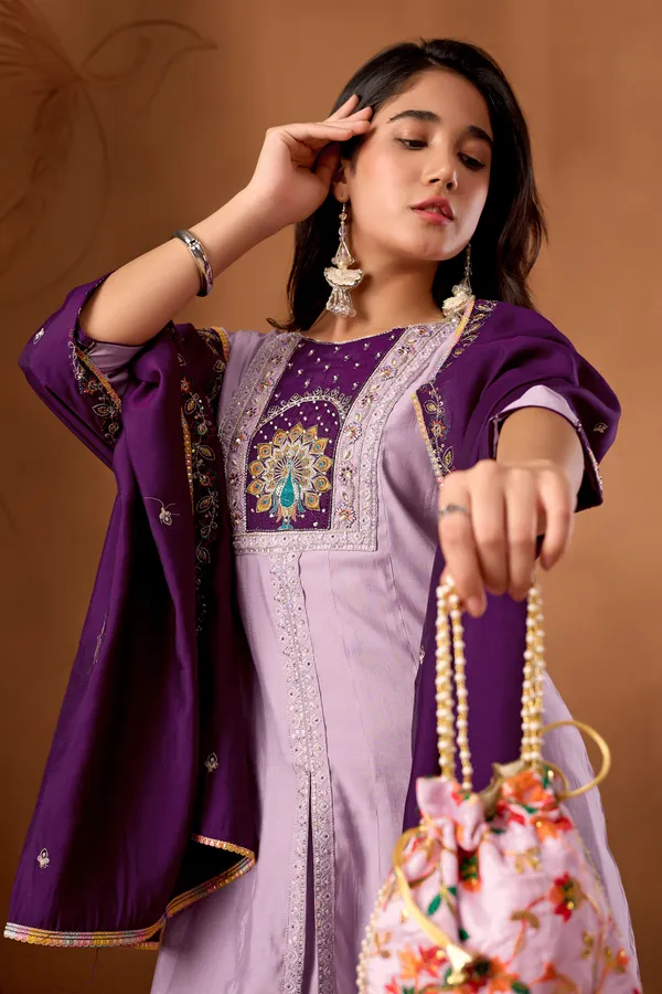 Light_Lavender_Roman_Silk_Anarkali_Kurti_With_Palazzo_Dupatta_For_Women