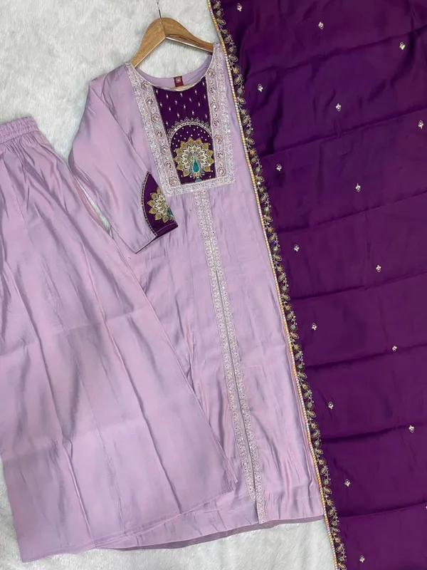 Light_Lavender_Roman_Silk_Anarkali_Kurti_With_Palazzo_Dupatta_For_Women