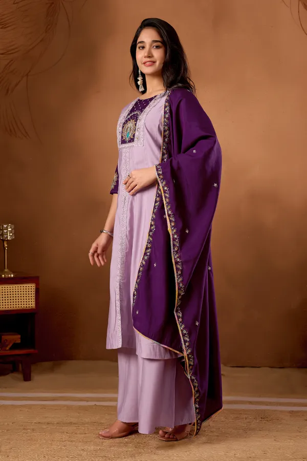 Light_Lavender_Roman_Silk_Anarkali_Kurti_With_Palazzo_Dupatta_For_Women