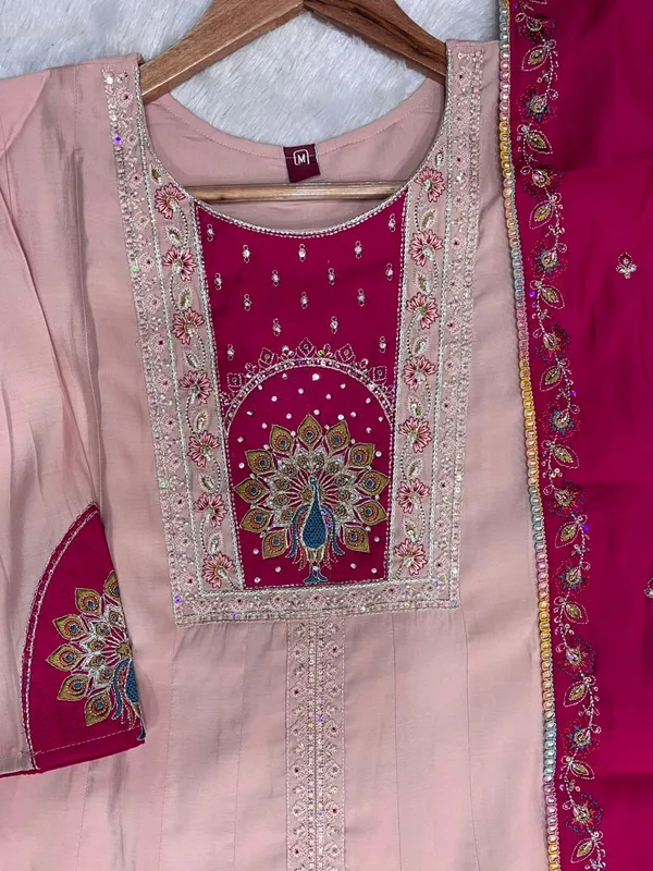 Peach_Roman_Silk_Anarkali_Kurti_With_Palazzo_And_Dupatta_For_Women