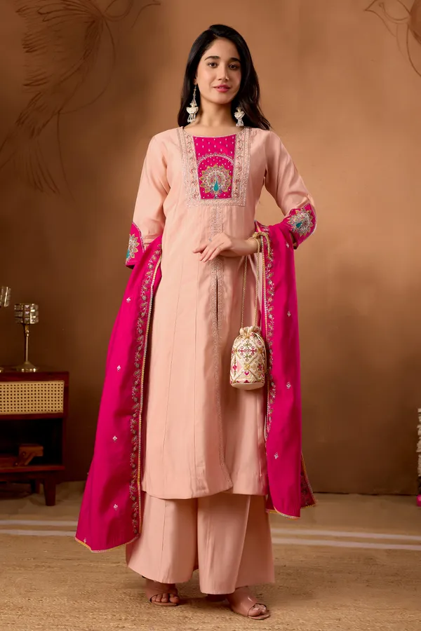 Peach_Roman_Silk_Anarkali_Kurti_With_Palazzo_And_Dupatta_For_Women