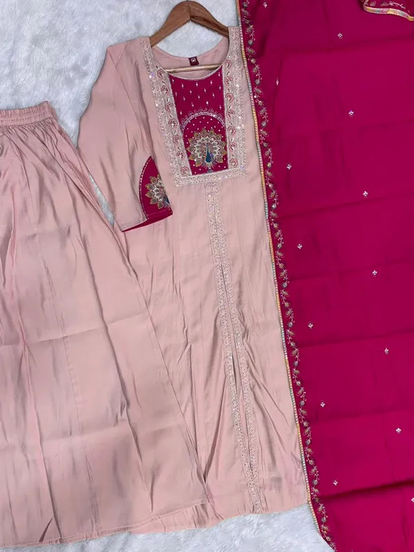 Peach_Roman_Silk_Anarkali_Kurti_With_Palazzo_And_Dupatta_For_Women