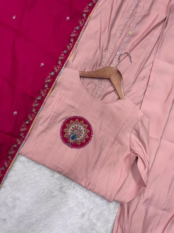 Peach_Roman_Silk_Anarkali_Kurti_With_Palazzo_And_Dupatta_For_Women