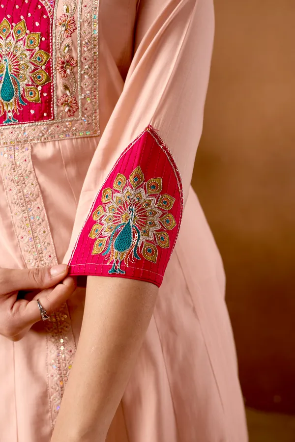 Peach_Roman_Silk_Anarkali_Kurti_With_Palazzo_And_Dupatta_For_Women