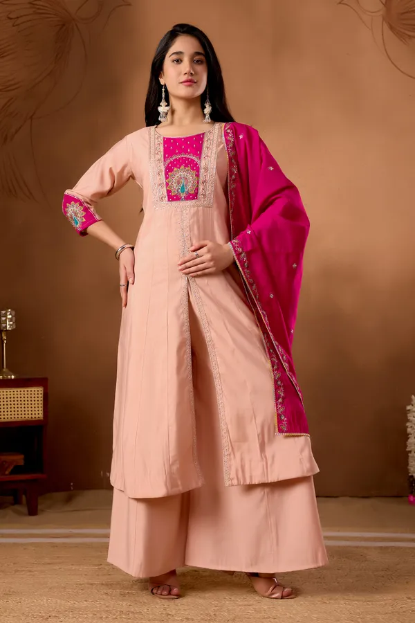 Peach_Roman_Silk_Anarkali_Kurti_With_Palazzo_And_Dupatta_For_Women