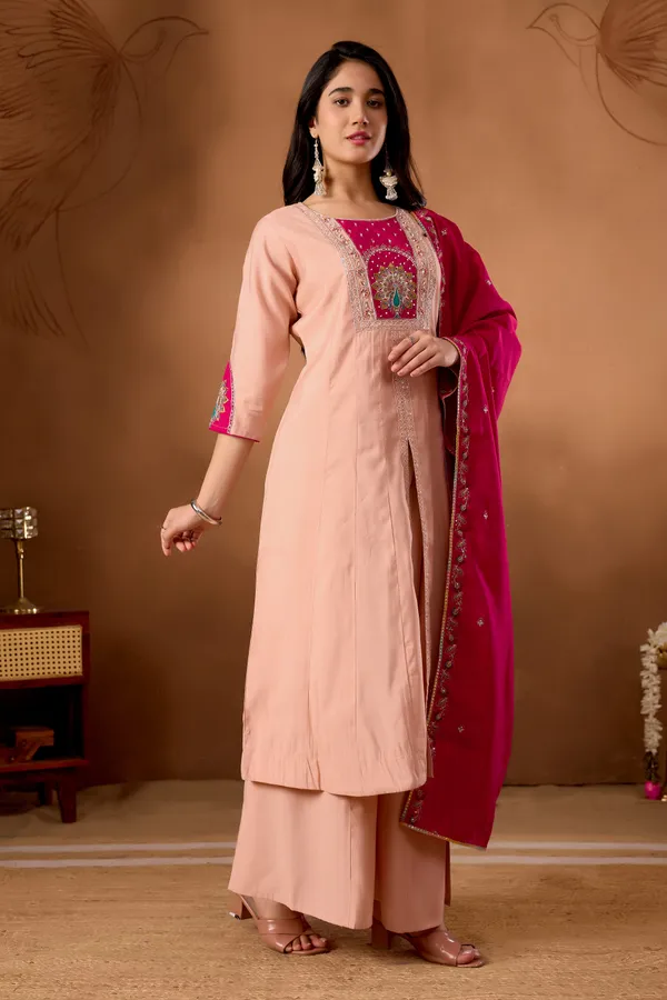 Peach_Roman_Silk_Anarkali_Kurti_With_Palazzo_And_Dupatta_For_Women
