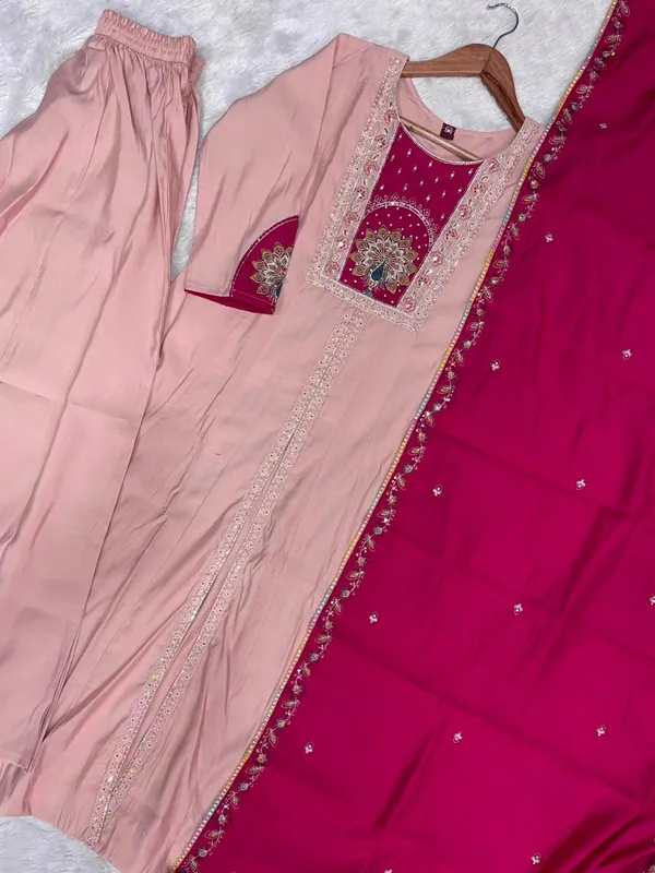 Peach_Roman_Silk_Anarkali_Kurti_With_Palazzo_And_Dupatta_For_Women