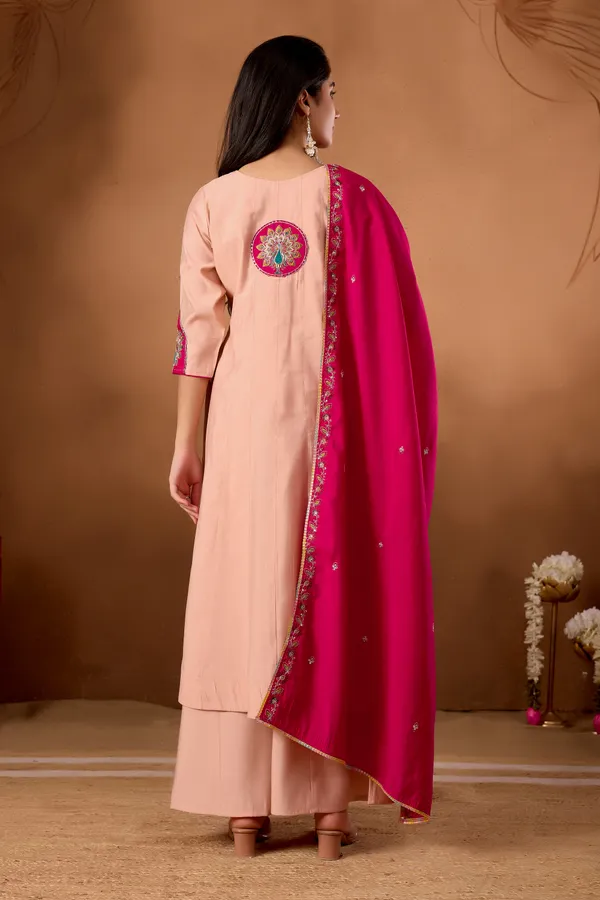 Peach_Roman_Silk_Anarkali_Kurti_With_Palazzo_And_Dupatta_For_Women