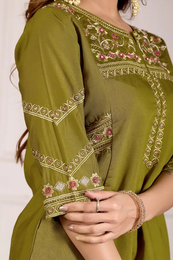 Mehendi_Green_Viscose_Silk_Anarkali_Kurti_With_Palazzo_Dupatta_For_Women