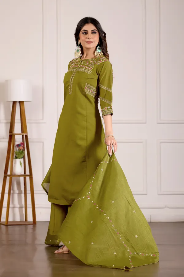Mehendi_Green_Viscose_Silk_Anarkali_Kurti_With_Palazzo_Dupatta_For_Women