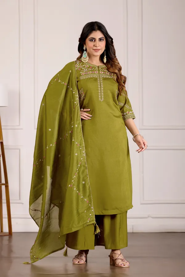 Mehendi_Green_Viscose_Silk_Anarkali_Kurti_With_Palazzo_Dupatta_For_Women