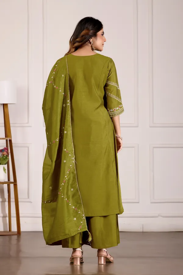 Mehendi_Green_Viscose_Silk_Anarkali_Kurti_With_Palazzo_Dupatta_For_Women