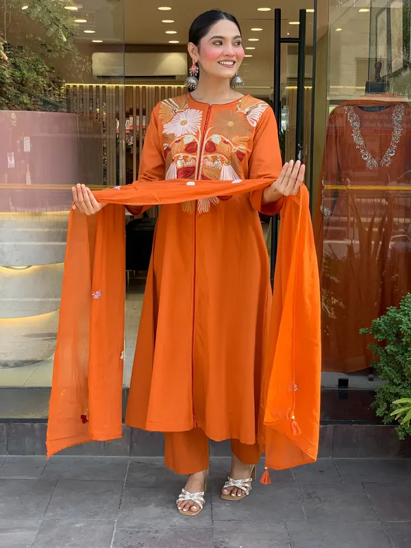 Orange_Chanderi_Silk_Embroidery_Kurti_With_Pant_And_Dupatta_For_Women