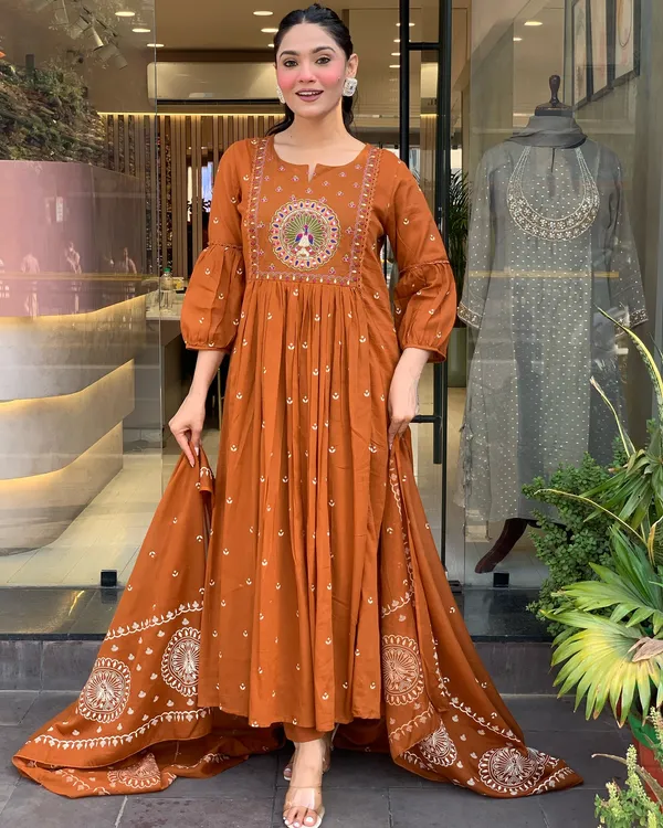 Brown_Cotton_Khadi_Print_Embroidered_Kurti_With_Pant_And_Dupatta_For_Women