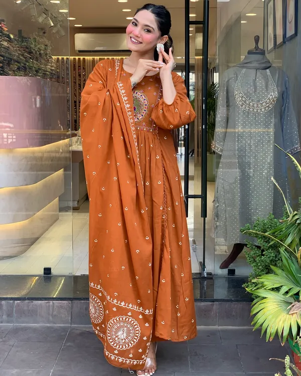 Brown_Cotton_Khadi_Print_Embroidered_Kurti_With_Pant_And_Dupatta_For_Women