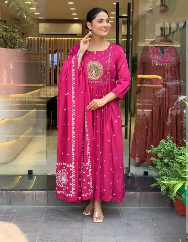 Pink_Cotton_Khadi_Print_Embroidery_Kurti_With_Pant_And_Dupatta_For_Women