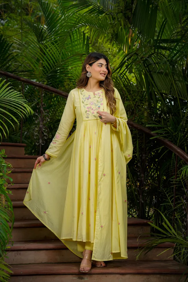 Yellow_Chanderi_Silk_Embroidered_Kurti_With_Pant_And_Dupatta_For_Women