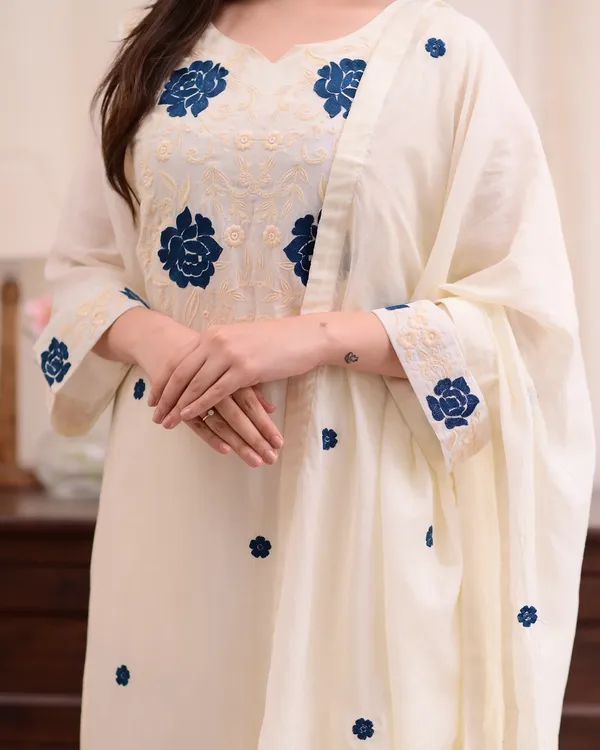 Cream_Rayon_Slub_Embroidered_Kurti_With_Pant_And_Dupatta_For_Women
