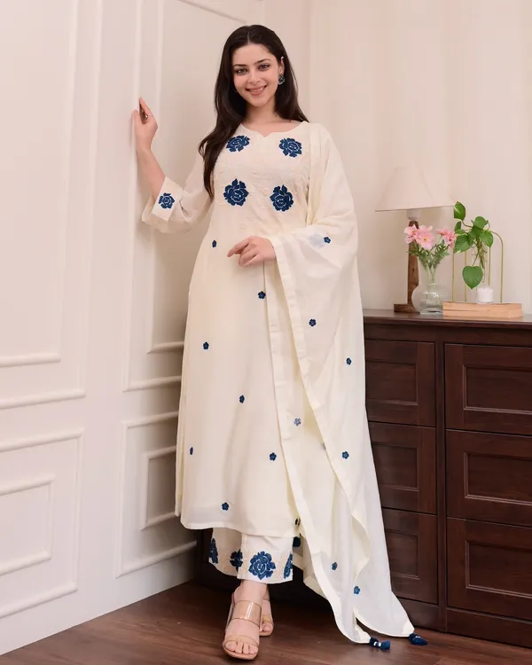 Cream_Rayon_Slub_Embroidered_Kurti_With_Pant_And_Dupatta_For_Women