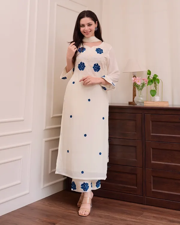 Cream_Rayon_Slub_Embroidered_Kurti_With_Pant_And_Dupatta_For_Women