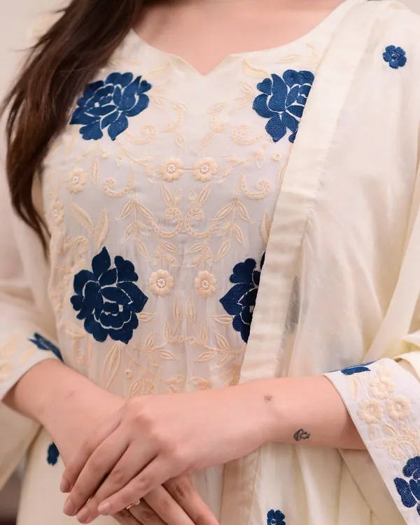 Cream_Rayon_Slub_Embroidered_Kurti_With_Pant_And_Dupatta_For_Women