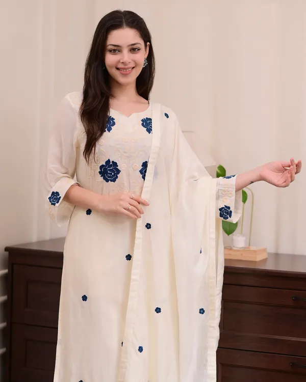 Cream_Rayon_Slub_Embroidered_Kurti_With_Pant_And_Dupatta_For_Women