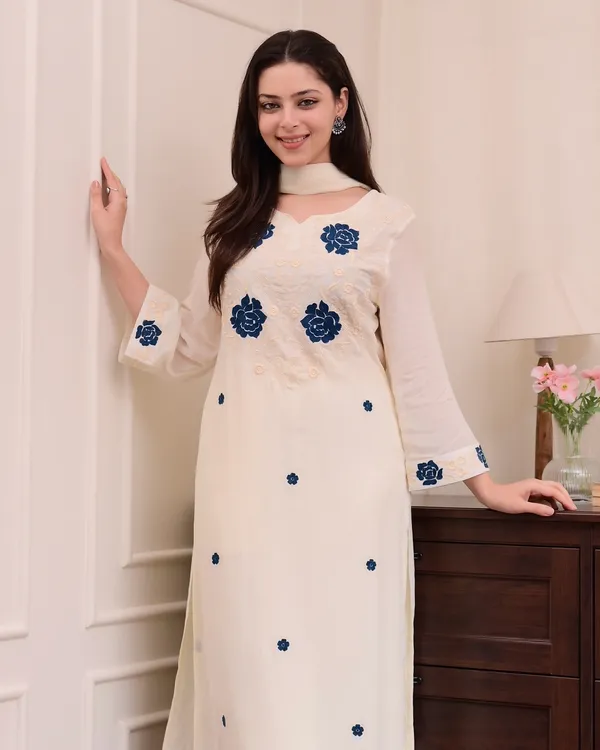 Cream_Rayon_Slub_Embroidered_Kurti_With_Pant_And_Dupatta_For_Women