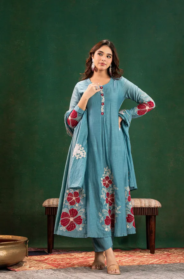 Sky_Blue_Chanderi_Silk_Embroidered_Kurti_With_Pant_And_Dupatta_For_Women