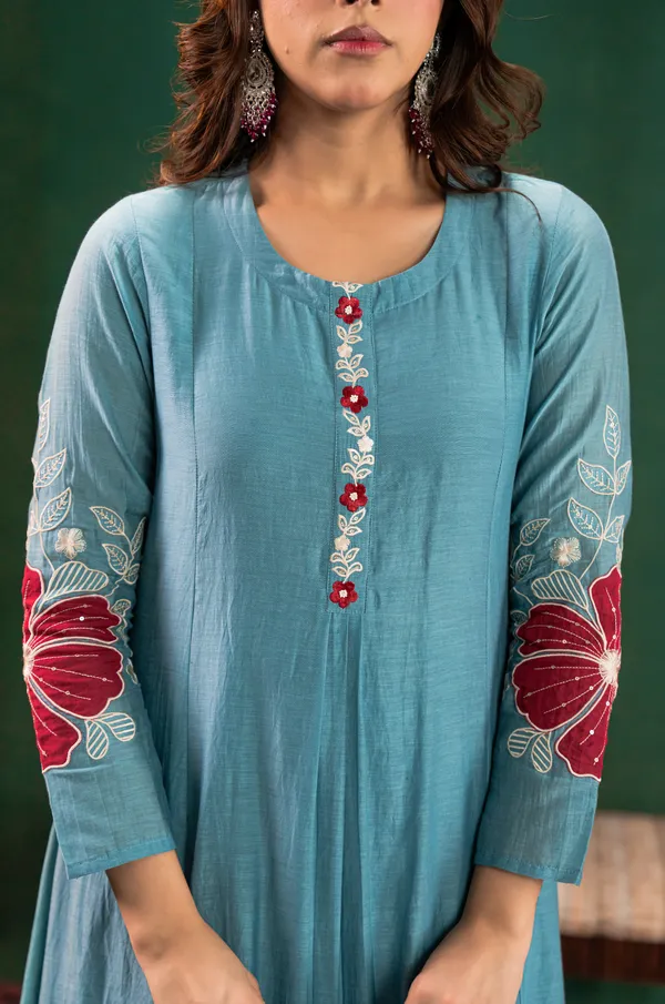 Sky_Blue_Chanderi_Silk_Embroidered_Kurti_With_Pant_And_Dupatta_For_Women