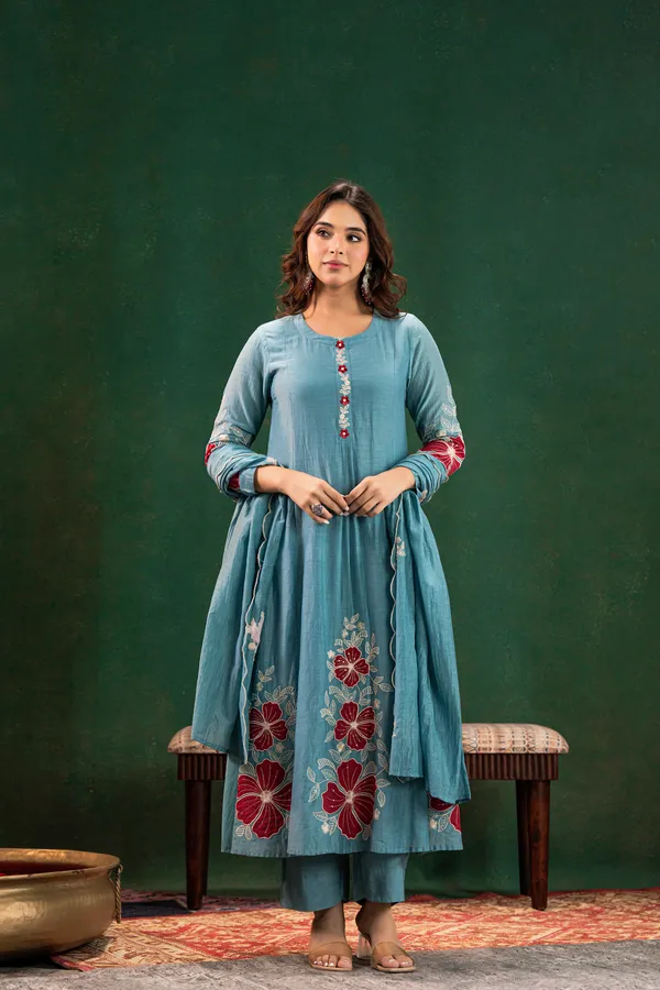 Sky_Blue_Chanderi_Silk_Embroidered_Kurti_With_Pant_And_Dupatta_For_Women