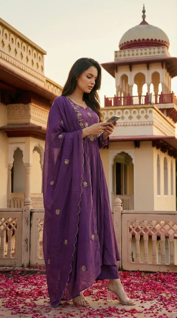 Blue_Chanderi_Silk_Embroidered_Kurti_With_Pant_And_Dupatta_For_Women