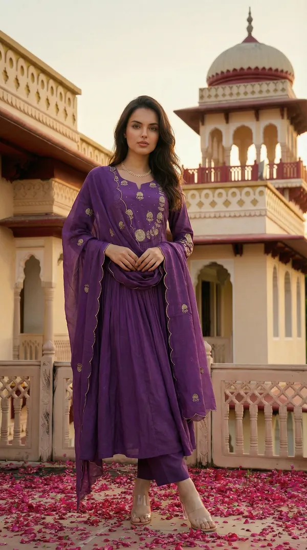 Blue_Chanderi_Silk_Embroidered_Kurti_With_Pant_And_Dupatta_For_Women
