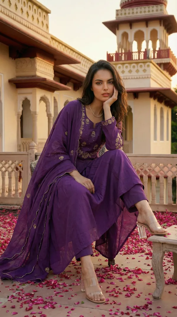 Blue_Chanderi_Silk_Embroidered_Kurti_With_Pant_And_Dupatta_For_Women