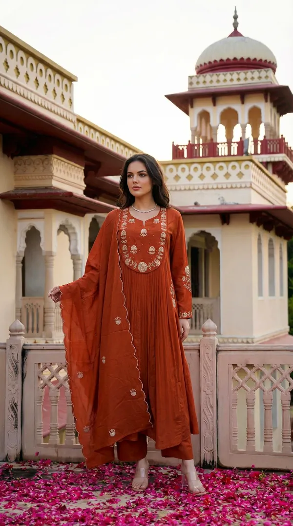 Brown_Chanderi_Silk_Embroidered_Kurti_With_Pant_And_Dupatta_For_Women
