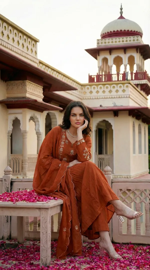 Brown_Chanderi_Silk_Embroidered_Kurti_With_Pant_And_Dupatta_For_Women