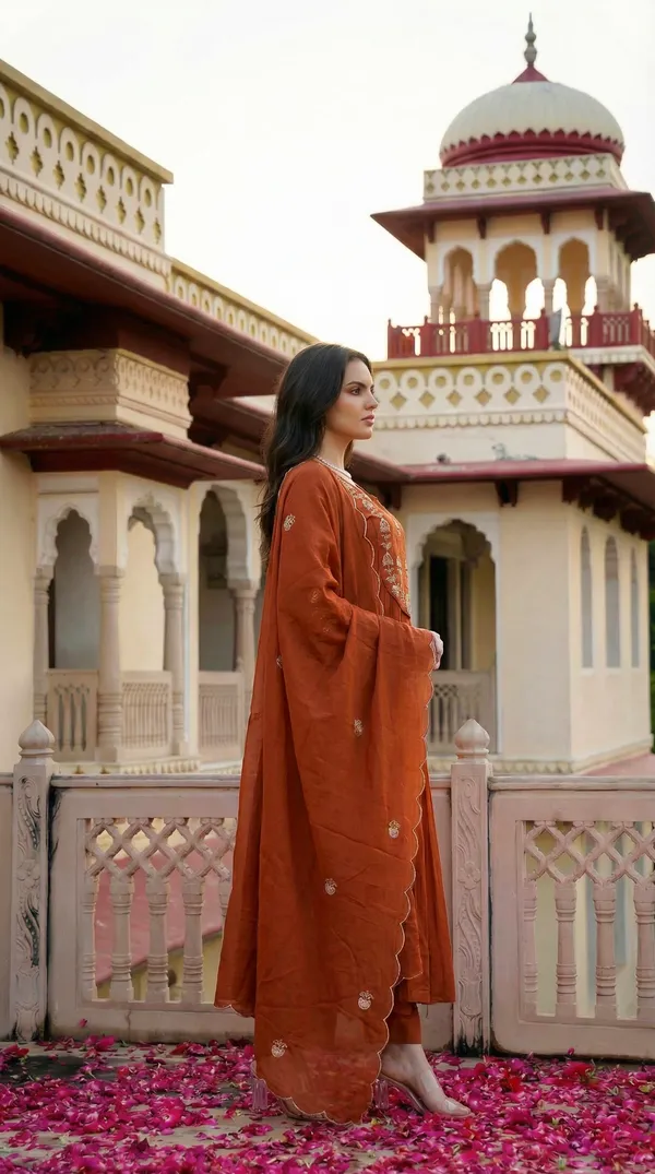 Brown_Chanderi_Silk_Embroidered_Kurti_With_Pant_And_Dupatta_For_Women