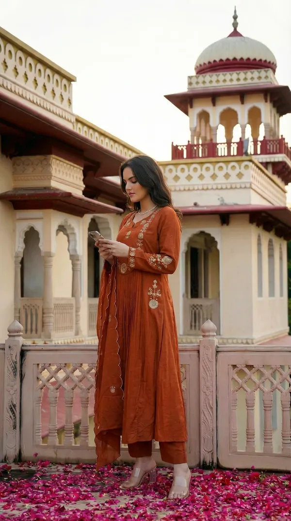 Brown_Chanderi_Silk_Embroidered_Kurti_With_Pant_And_Dupatta_For_Women